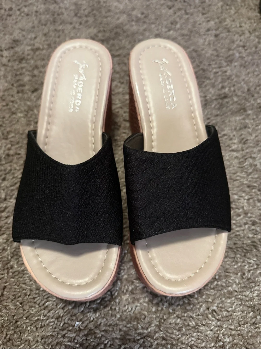 Fergalicious Black and Rose Gold Wedge Slide Sandals